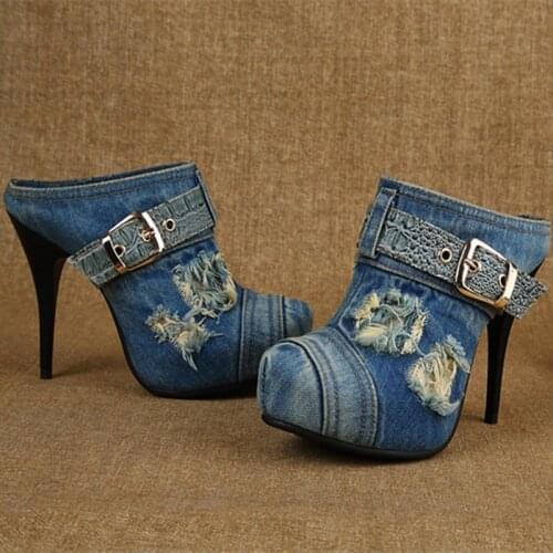 Blue Jeans Gladiator Sandals Woman Zapatos Mujer Fashion Buckle Design Slippers Women High Heels Mules Denim Party Shoes Kapcie