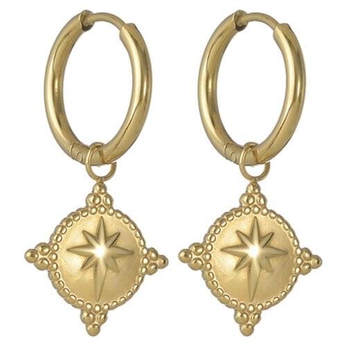 Vintage Stainless Steel Round Star Hoop Earrings For Women Gold Color Metallic Geometric Charm Earrings Jewelry Party Gift 2021