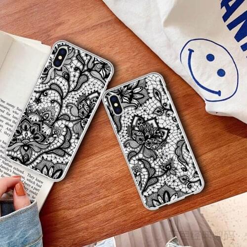 Vintage Luxury Lace Soft Phone Case Coque For iPhone X XR MAX Floral Lace Transparent Phone Cover For iPhone 8 7 Plus 5 6 Case