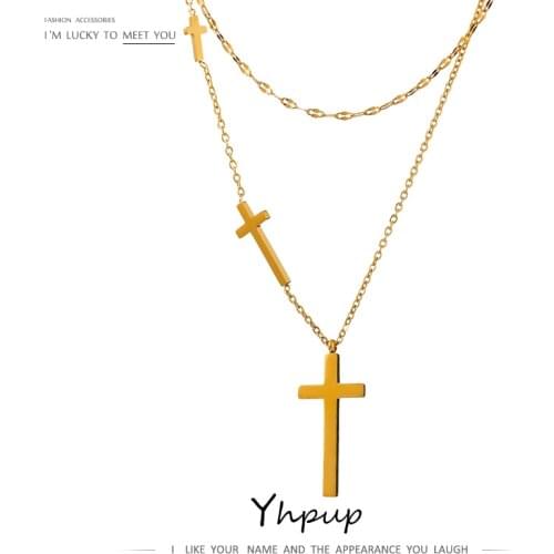 Yhpup New Cross Layered Pendant Necklace Charm 18 K Metal Gold Stainless Steel Collar Neckalce Chain Jewelry Anniversary Gift