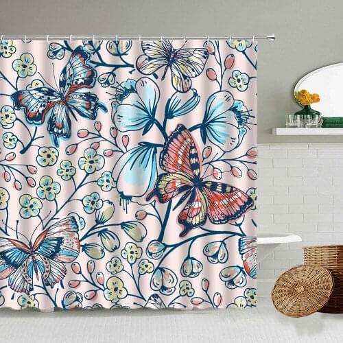 Color Butterfly Flower Shower Curtain With Hook Set Nordic Art Design Waterproof Bathroom Cloth Curtains Toilet Partition Screen