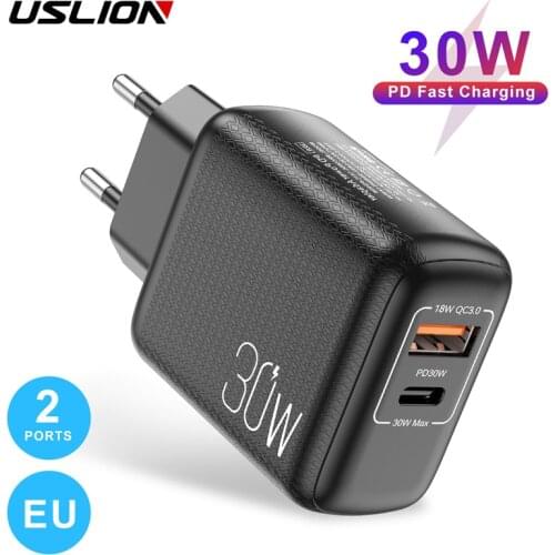 USLION 18W USB-C QC3.0 USB Charger PD 30W Fast Charging For iPhone 12 Pro Max Macbook Samsung Type C QC4.0 Fast Wall Chargers