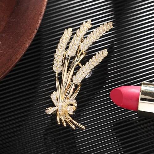 Sparkling Cubic Zirconia Gold Paddy Brooch Pin Leaves Pins Crystal Wheat Ears Brooches for Women Accessories Jewelry Broche