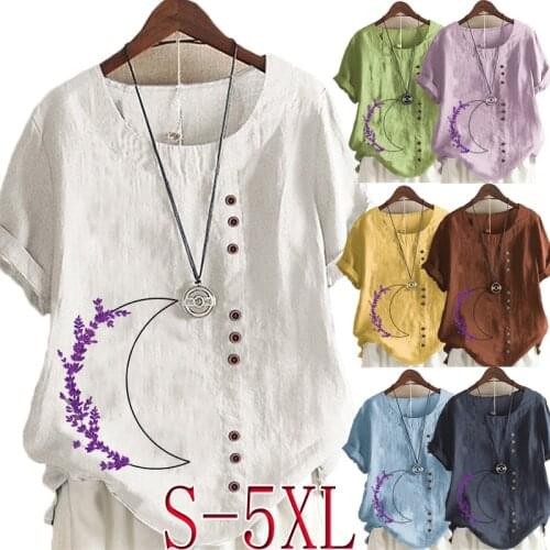 Womens New Fashion O-neck Printed Short Sleeve Tops Loose Linen T-Shirt Casual Blouse S-5XL