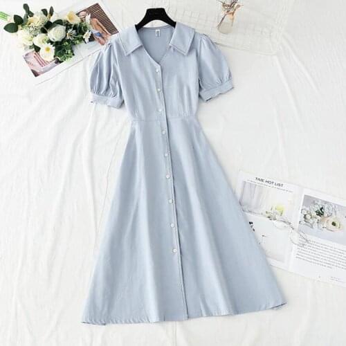 Summer Cotton Linen Dress Women 2021 New Vintage Solid color V-neck A-line Casual Short Sleeve Black Dresses Party Vestidos