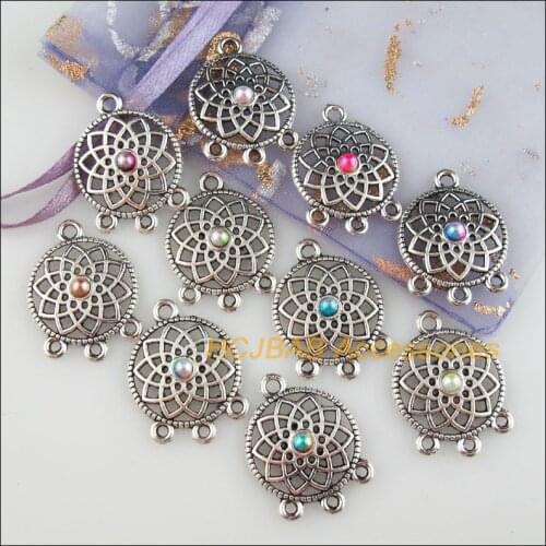 20Pcs Tibetan Silver Tone Flower Mixed Acrylic Round Charms Connectors 18x24.5mm