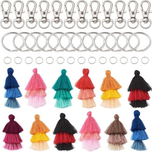 24pcs/set Cotton Thread Tassel Pendant Decorations Swivel Lobster Claw Clasps Split Key Rings For DIY Keychain Jewelry Making