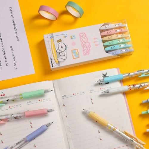 6 Pcs/set Macaron Colors Gel Pen Set Creative Cartoon Dog Pen Holder 0.5mm Black Ink Press Writing Journal Pens School Supplies