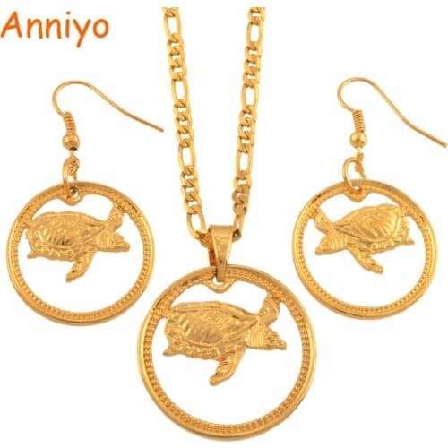 Anniyo Tortoise Jewelry set Island Style Gold Color Turtle Necklace Earrings Micronesia Hawaii Gifts for Women Girls #118906