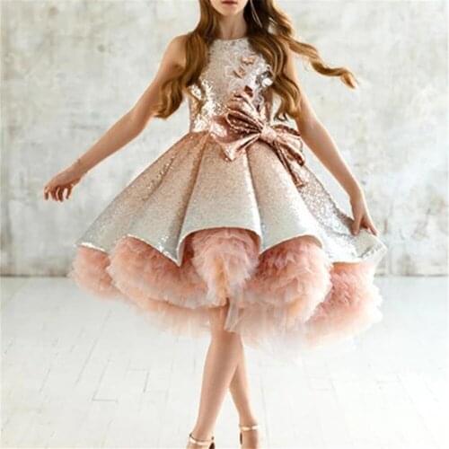 Shiny Sequins Flower Girls Dresses for Wedding Sleeveless Tulle Tiered TuTu Girls Pageant Gowns Gorgeous Puffy Prom Girl Dresses