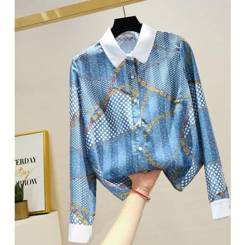 Long-sleeved Blouse Female Autumn 2021 New Korean Temperament Blusa Wave Point Chain Contrast Shirt DK1419