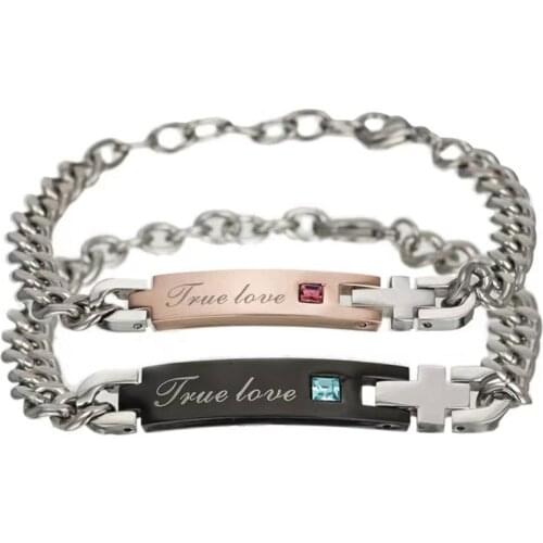 2 Style True Love Black Rose Gold Color Womens Male Chain Crystal Couple Bracelet for Men Femmo on Hands Jewelry