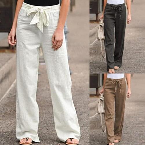 Casual Summer Woman Pants Elastic Waist Solid Color Ankle-Length Trousers Thin Straight Wide Leg Belt Long Pants Women Clothing