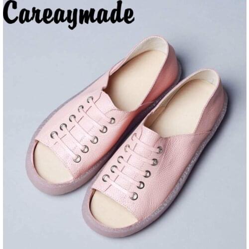 Careaymade-Handmade womens shoes comfortable college style casual shoes with cow leather flat sole and fish mouth sandals