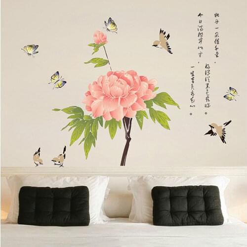 Chinese Style Beautiful Peony Blossom Flowers with Butterfly Wall Stickers for Living Room Background Bedroom Art Decals Murals