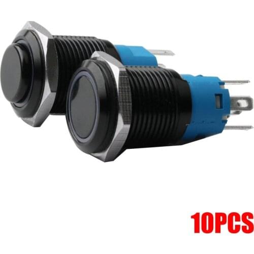 12/1619/22mm Metal Aluminum Oxide Black Button LED Power Marker Light Button Momentary/Latch Button Switch High Head 10PCS