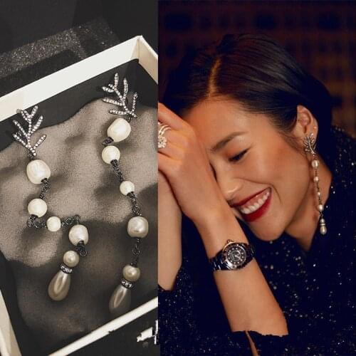 Fashion crystal leaf long pearl earring for women party jewelry