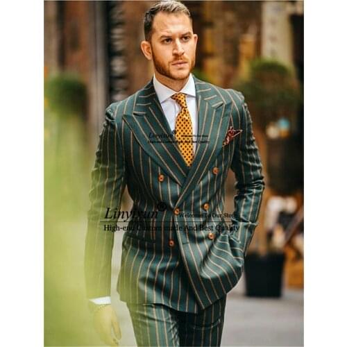 Fashion Pinstripe Men Suits Green Formal Business Blazer Wedding Groom Tuxedo Best Man 2 Piece Sets Costume Homme (Jacket+Pants)