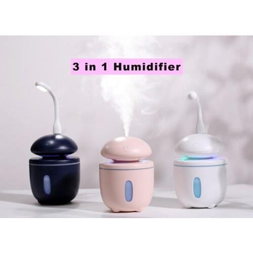 Mushroon Shape 280ML USB Air Humidifier 3 in 1 Air Purifier with Mini Fan and Light Non Slip Bottom Mist Maker