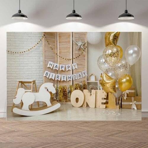 Neoback One Year Birthday Photography Background Birthday Party Gold Balloon White Horse Decor Photocall Photo Studio Backdrop