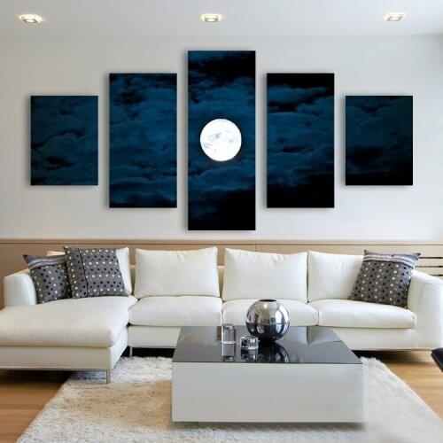 New Style Home Wall Decor 5 Panels Canvas Art Paintings of Moon At Night Landscape Bedroom Wall HD Picture Print Poster