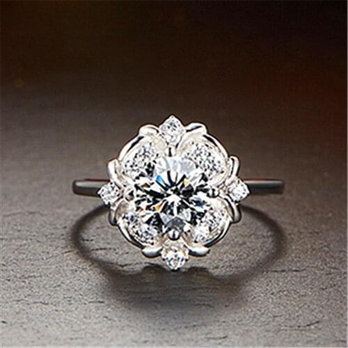 Luxury Female Round Crystal Stone Ring Classic Silver Color Thin Engagement Ring Cute Zircon Flower Big Wedding Rings For Women