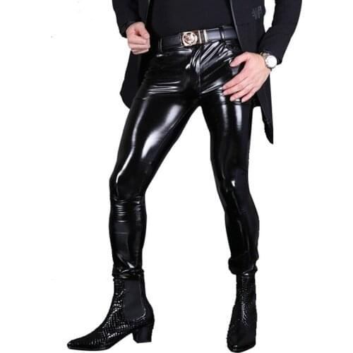Sexy Men Fashion PVC Shiny Skinny Faux Leather Pants for Men Sexy Wet Look Glossy Style Pencil Pants Gay Wear F130