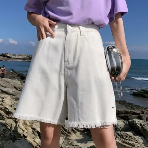 Half Length Denim Shorts Vintage White Black Solid Baggy High Waist Simple Tassel Loose Casual Female Shorts Side Split Summer