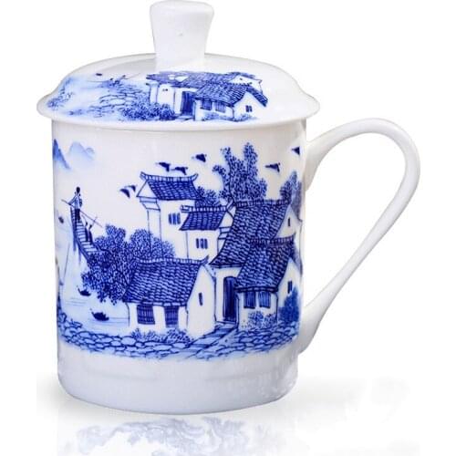 Jingdezhen Blue and White Porcelain Tea Cup with Lid Large Capacity Bone China Office Drinking Water Mug Travel Portable Teaware