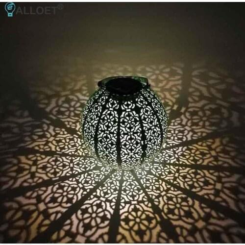 LED Solar Lantern Light Round Hollow Lantern Projection Light Wrought Iron Hanging Lamps Waterproof Outdoor Solar Lamp