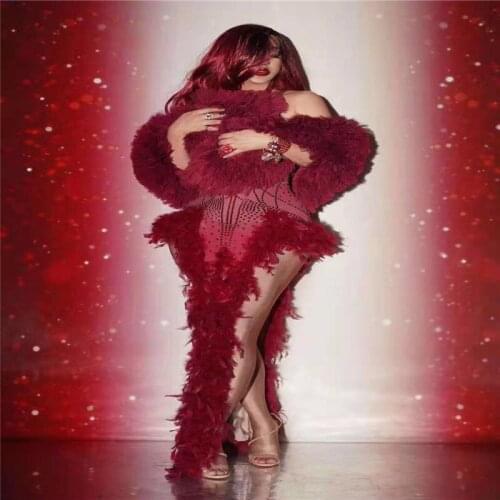 T84 Female red feather rhinestone eveing dress christams long skirt singer wears long skirt crystal outfits disco clothe dj show