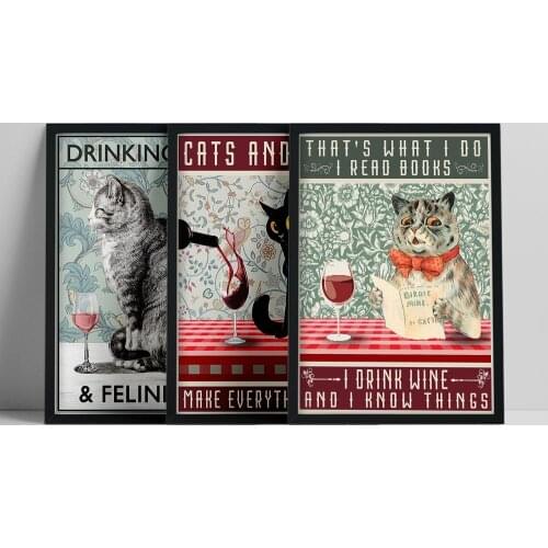 Vintage Abstract Style Cat Drinking Wine Read Book Canvas Painting Posters And Prints Wall Pictures For Living Room Decoration
