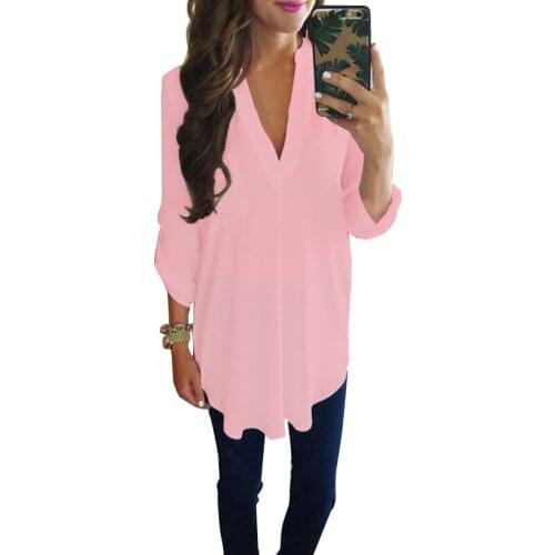 Women Shirts V Neck Thin Baggy Long Sleeves Casual Chiffon Blouse Tops -MX8