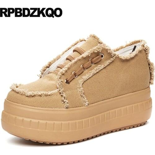 Women yellow wedge winter breathable 2018 thick sole fur retro canvas shoes creepers size 33 lace up muffin elevator platform