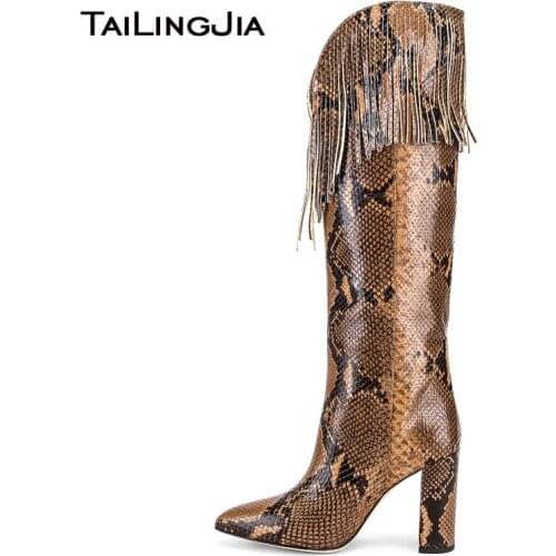 Tassel Snake Print Knee High Boots Women Block High Heel Pointed Toe Sexy Fashion 2019 Winter Ladies Big Size Long Boot Shoe New