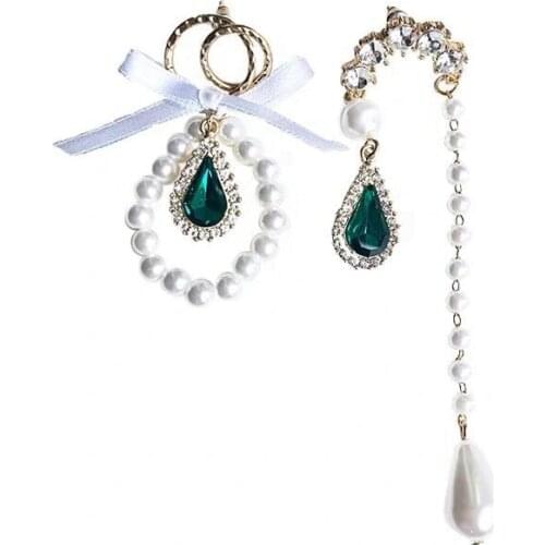 2019 Korean New Trendy Green Crystal Water drop Pearl Circle bow-knot Shiny Rhinestone Drop Earrings For Women Jewelry