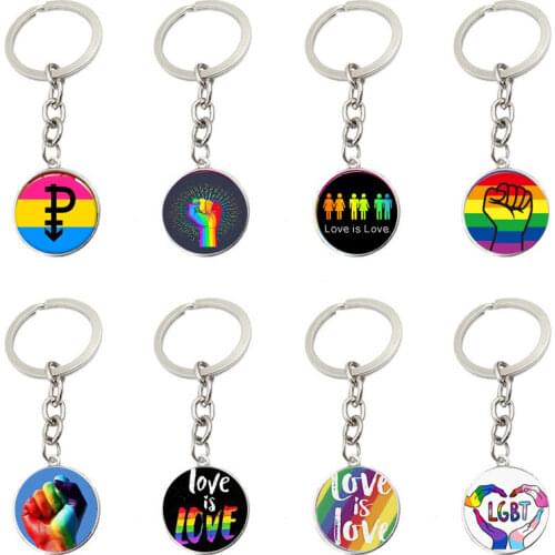 1PC Silver LGBT Keychains Gay Pride Rainbow Flag Glass Dome LGBT Lover Cabochon Charm Keychain Key Ring Jewelry