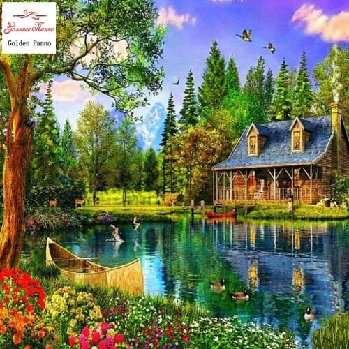 Golden Panno5D DIY Diamond Mosaic Home Decor Forest Hut Diamond Embroidery 3D Diamond Painting Cross Stitch Kit Hanging