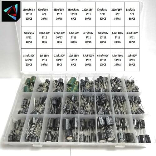 6.3V1500UF-450VUF 424Pcs/Lot 1UF-1500UF 24Values Aluminum Electrolytic Capacitors 6.3-450V Mix Assorted Kit And Storage Box
