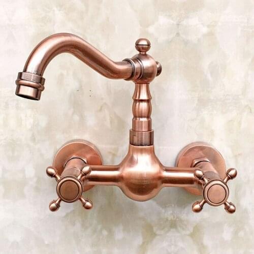 Antique Red Copper Wall Mounted Kitchen Sink Faucet Mixer Basin Tap Dual Cross Handles Levers arg030