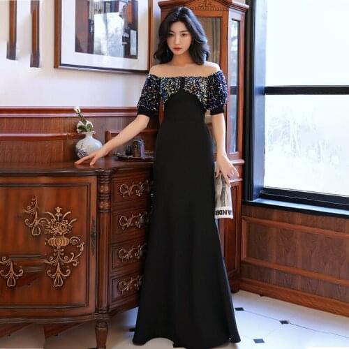 Black O-Neck Evening Dresses Short Sleeves Simple Mermaid Elegant Empire Floor-length Plus size Women Formal Party Dress C1080