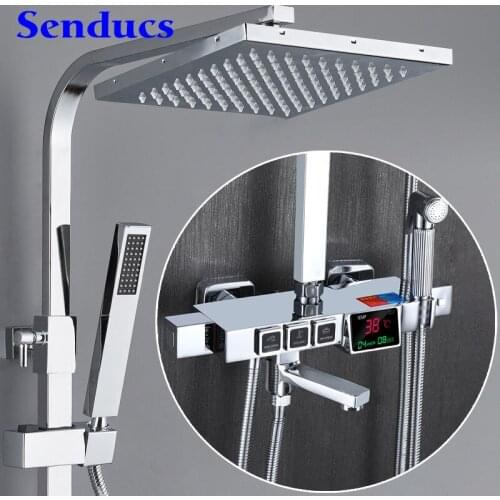 Digital Bathroom Shower Set Senducs Polished Chrome Shower System Solid Brass Bathroom Fixture Faucet Thermostatic Shower Sets