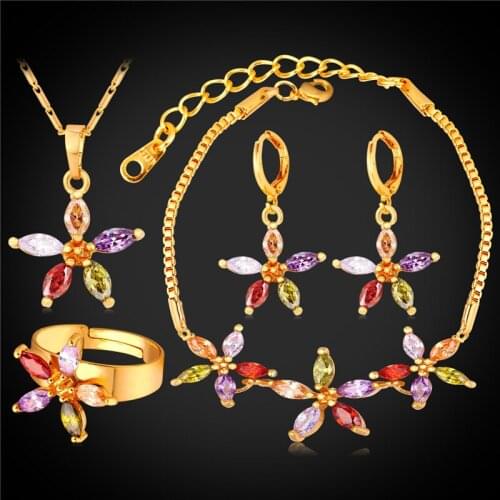 Zirconia Crystal Flower Jewelry Bracelet Earrings And Necklace Set Gold Color Wedding Jewelry Set For Women PEH252