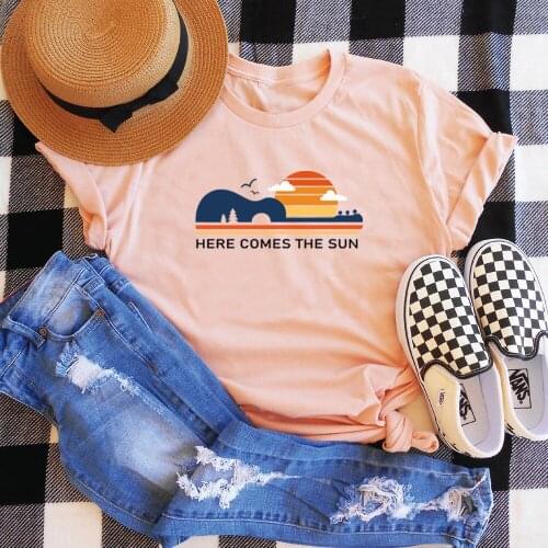 Colored here comes the sun T-Shirt funny 100% Cotton graphic tumblr hipster Fashion women unisex quote casual tshirt top fit tee