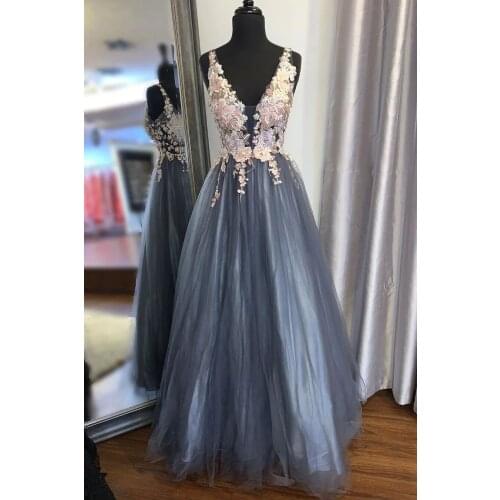 Embroidery Prom Dresses 2021 Double V Neck Long Tulle Formal Evening Party Dress Lace up Back Robe De Soiree