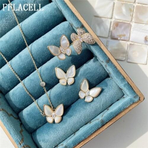 FFLACELL New Chic Fashion Jewelry Opal Shell Rhinestone Fritillary Butterfly Rings Opening Adjustable Earrings Choker Necklace
