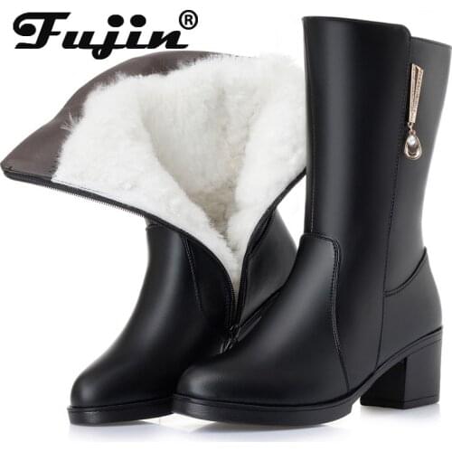 Fujin Wool Women Warm Platform for Snow Boots Fur Warm Shoes Plush High Boots Thick Bottom Women Genuine Leather Winter Boots