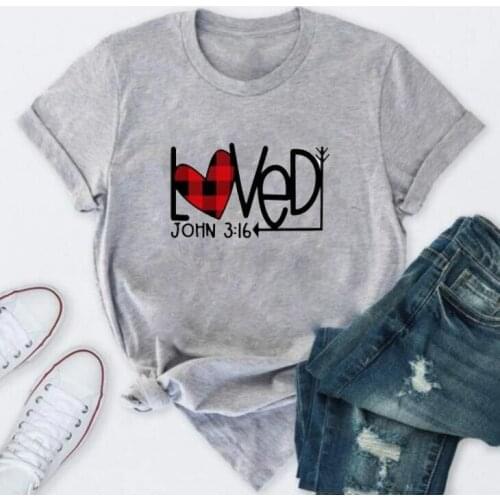 Valentines Day Colored John 3:16 Graphic T-Shirt O-Neck Buffalo Plaid Valentines Gift Heart Arrow Grunge Tops Camisetas