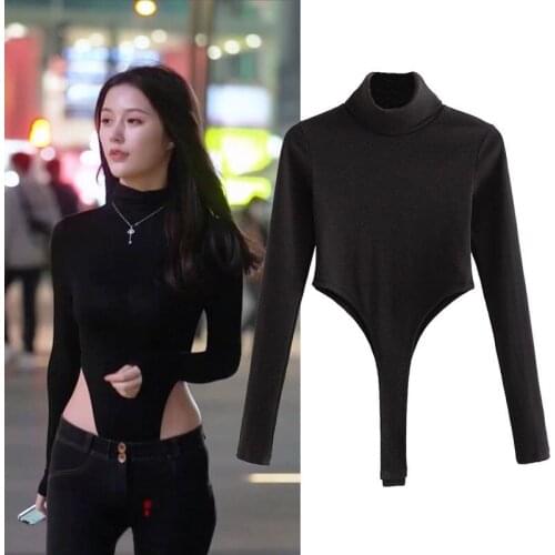 High Collar Long Sleeve Crotch T-Shirt Fork One-Piece Elastic Tight Black Base Shirt 2021 New European And American Hollowed Out