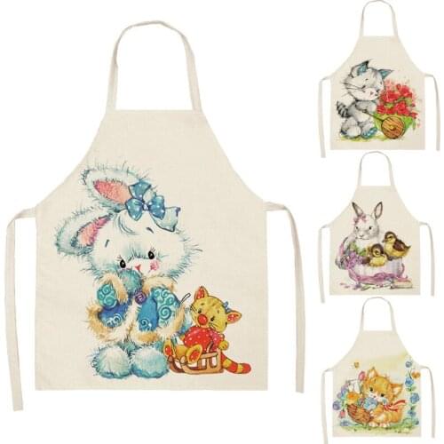 Kitchen Women Apron Cat Printed Linen Adult Child Sleeveless Aprons Rabbit Home Cleaning Tools